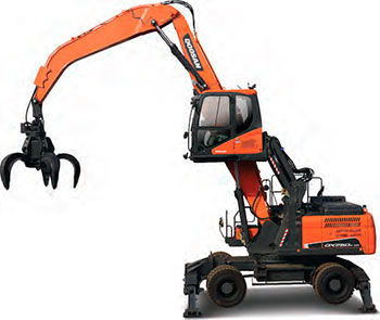Manipuladora de materiales Doosan DX250WMH-5, de 25 toneladas, y la nueva excavadora de 80 toneladas DX800LC-5B, con un motor diésel de 358 kW.